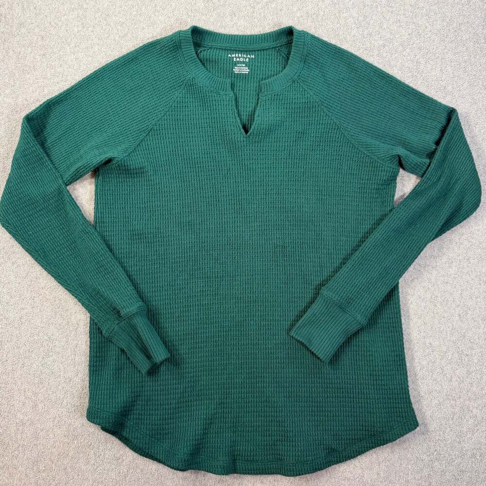 American Eagle Outfitters Women's Small Green Waffle Knit Thermal Top Raglan
